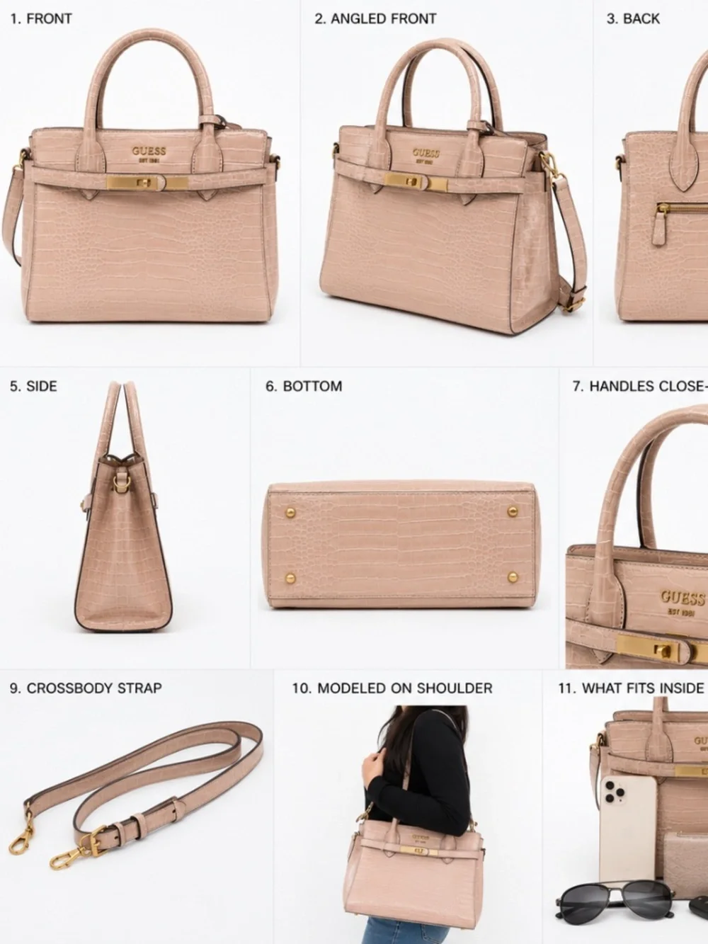 GUESS Blush Croc Embossed Satchel Crossbody Bag Gold Hardware Top Handle EUC